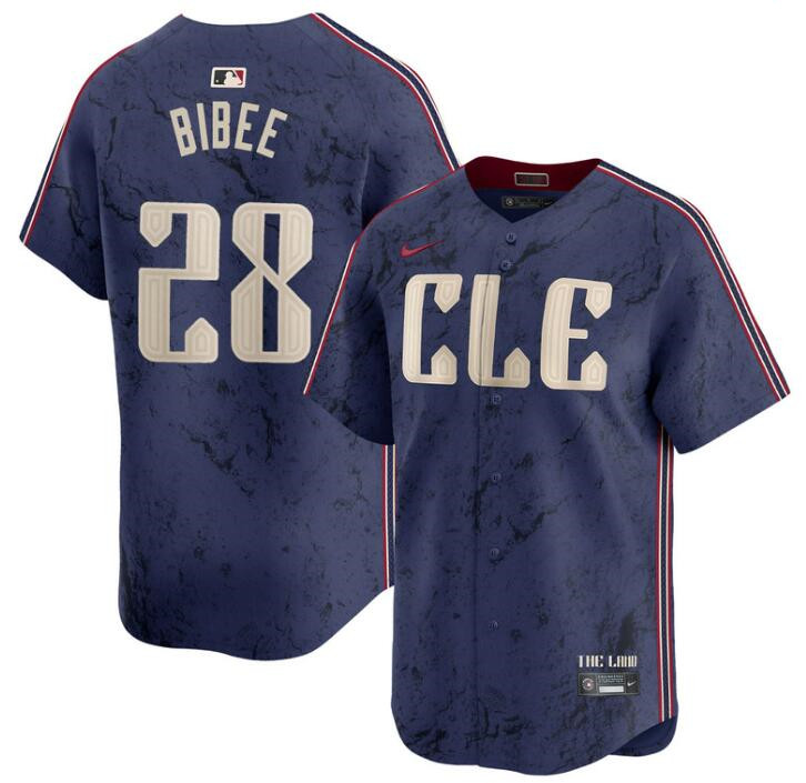 Men's Cleveland Guardians #28 Tanner Bibee Navy 2024 City Connect Limited Stitched Baseball Jersey